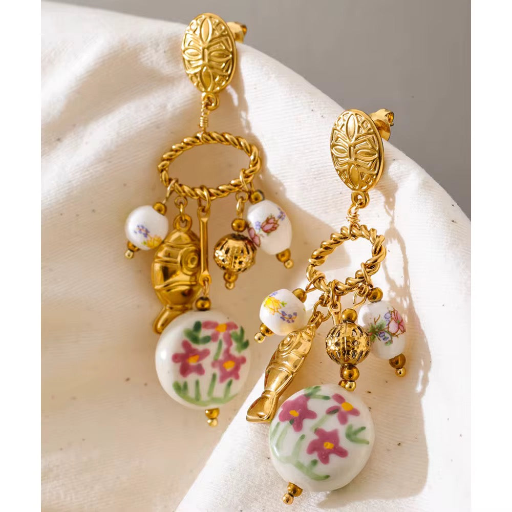 Vintage Floral Ceramic Statement Earrings