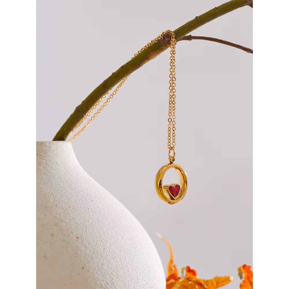 Golden Heart Circle Pendant Necklace