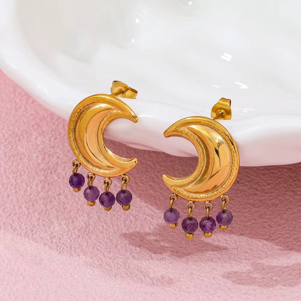 Waterproof Gold Moon Purple Crystal Earrings