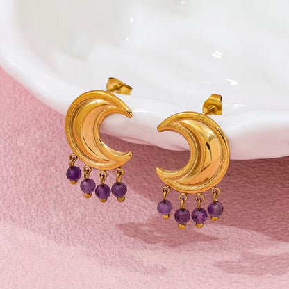 Waterproof Gold Moon Purple Crystal Earrings