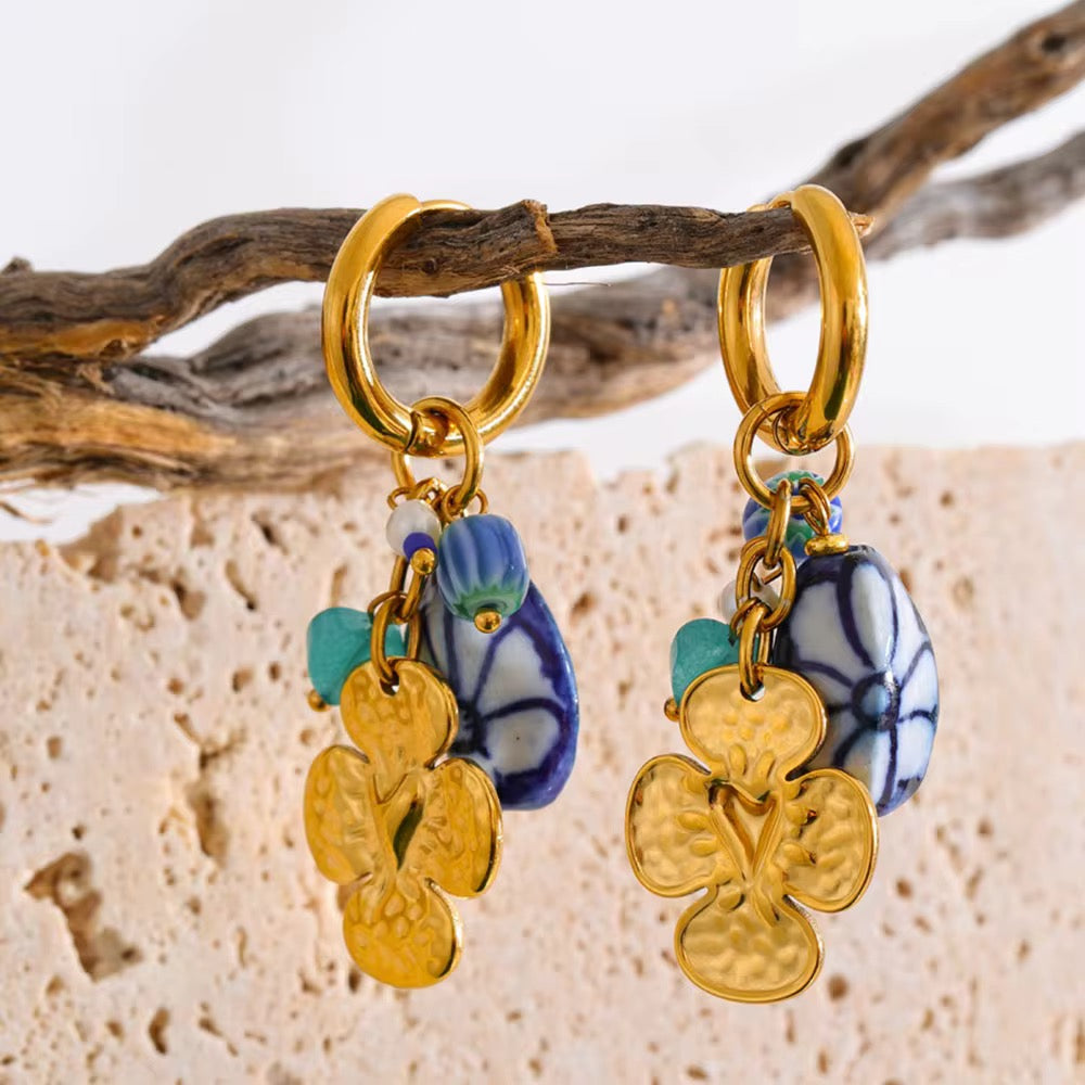 Blue Blossom Charm Hoop Earrings