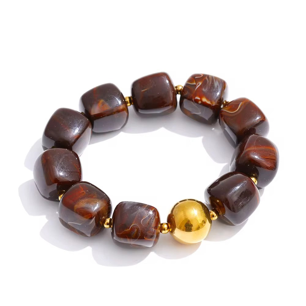 Multi-Color Beaded Bracelet Set – Glossy Resin & Gold Accents