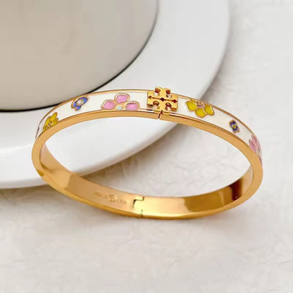 Floral Enamel Cross Motif Gold Bangle