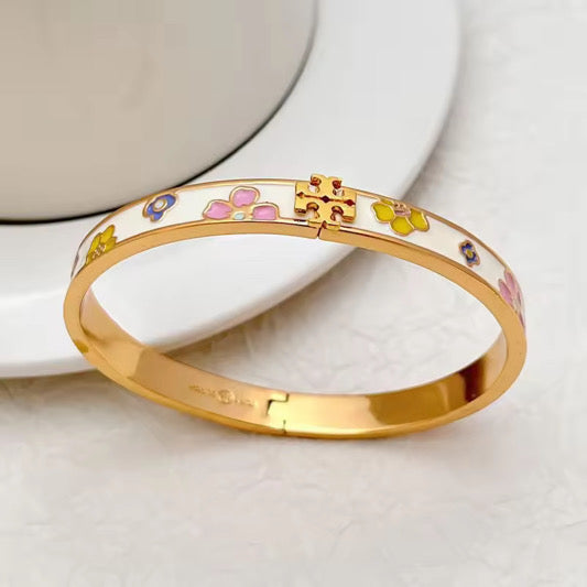 Floral Enamel Cross Motif Gold Bangle