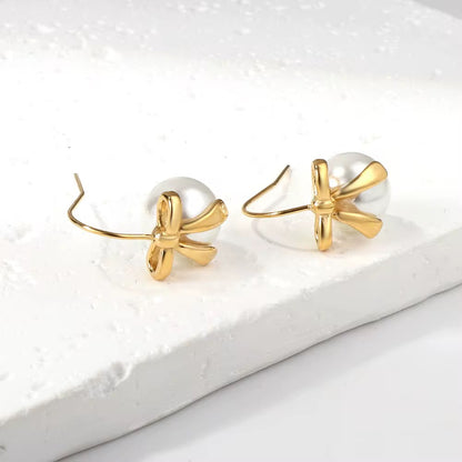 Golden Bow Pearl Drop Earrings