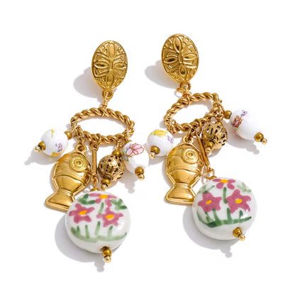 Vintage Floral Ceramic Statement Earrings