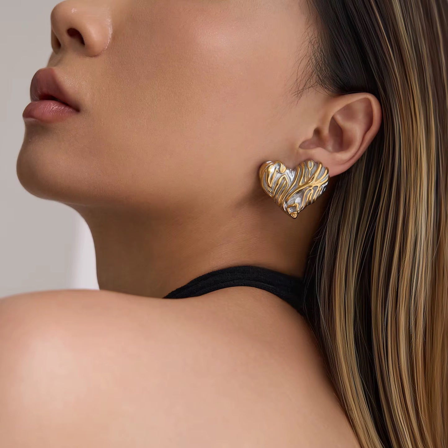 Textured Two-Tone Heart Statement Earrings