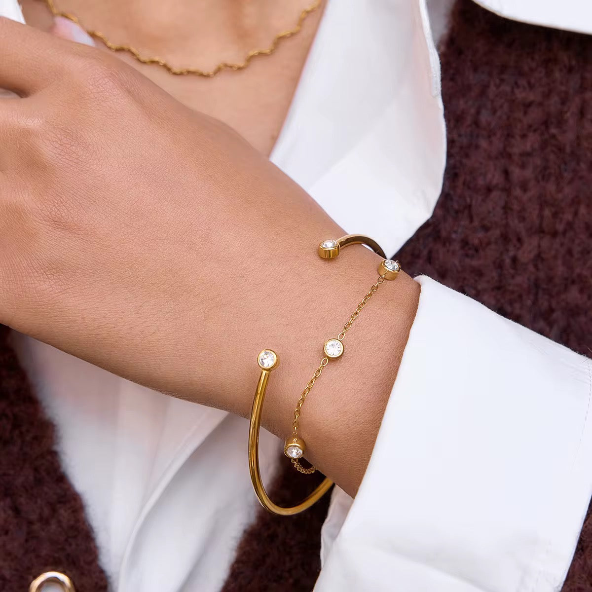 Minimal Crystal Bracelet & Open Bangle Set