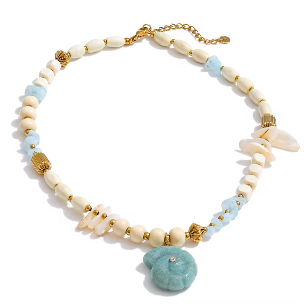 Coastal Stone Charm Necklace – Aqua & Ivory Beads