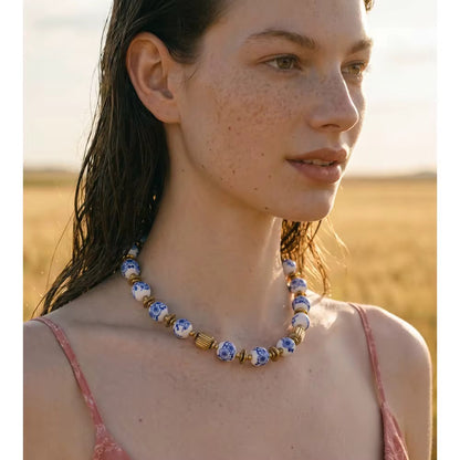Blue Porcelain Beaded Necklace