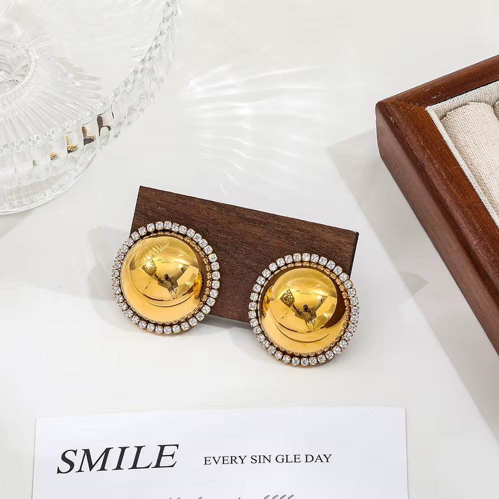 Luxury Waterproof Gold Crystal Button Stud Earrings