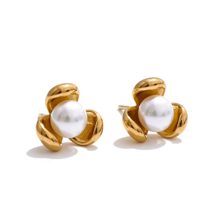 Golden Petal Pearl Stud Earrings