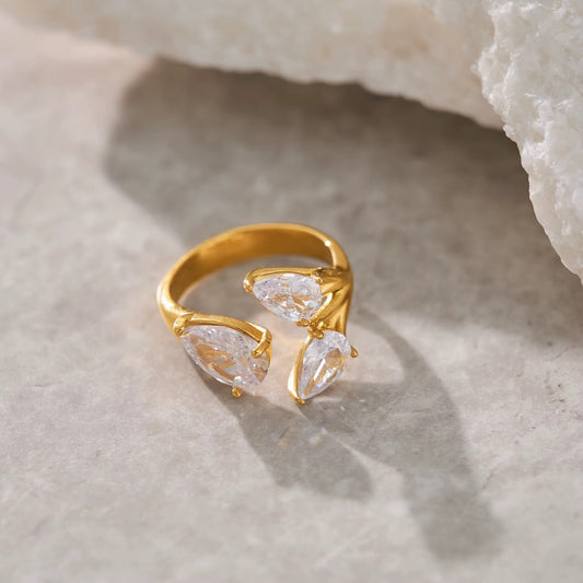 Golden Trinity Pear Crystal Ring