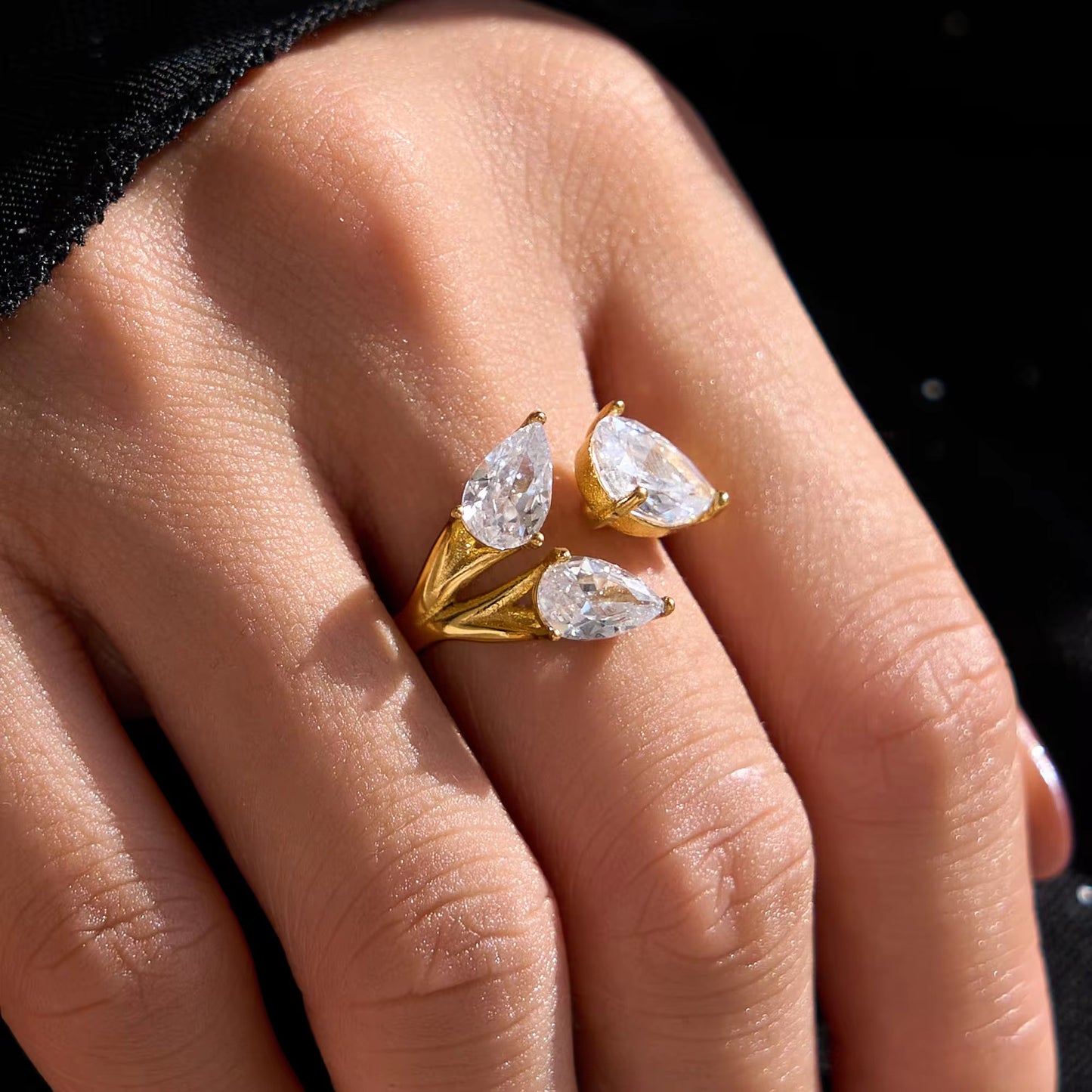 Golden Trinity Pear Crystal Ring