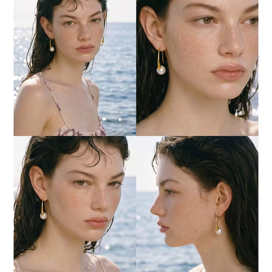 Modern Pearl Drop Hoop Earrings