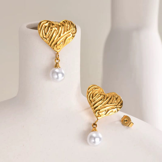 Gold Heart Pearl Drop Earrings
