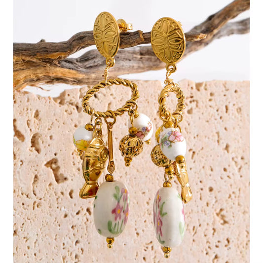 Vintage Floral Ceramic Statement Earrings