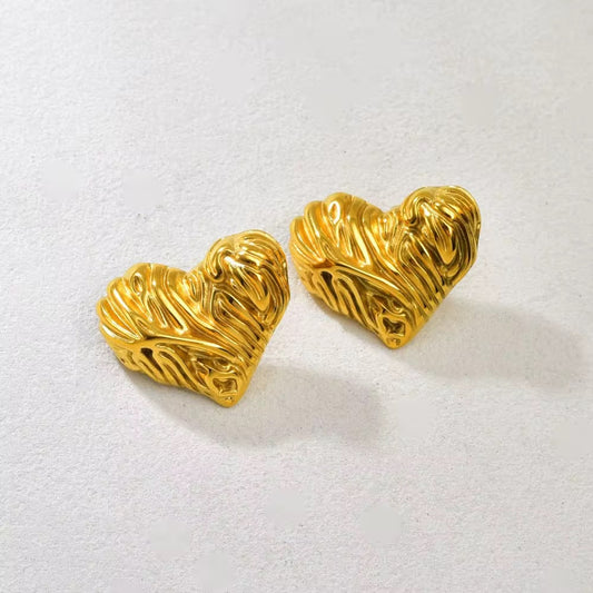 Gold Textured Heart Stud Earrings