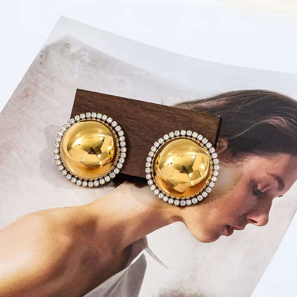 Luxury Waterproof Gold Crystal Button Stud Earrings