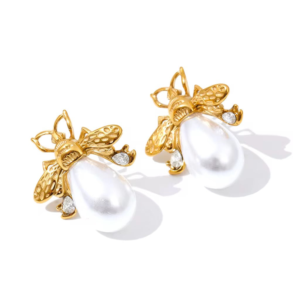 Golden Bee Pearl Drop Earrings