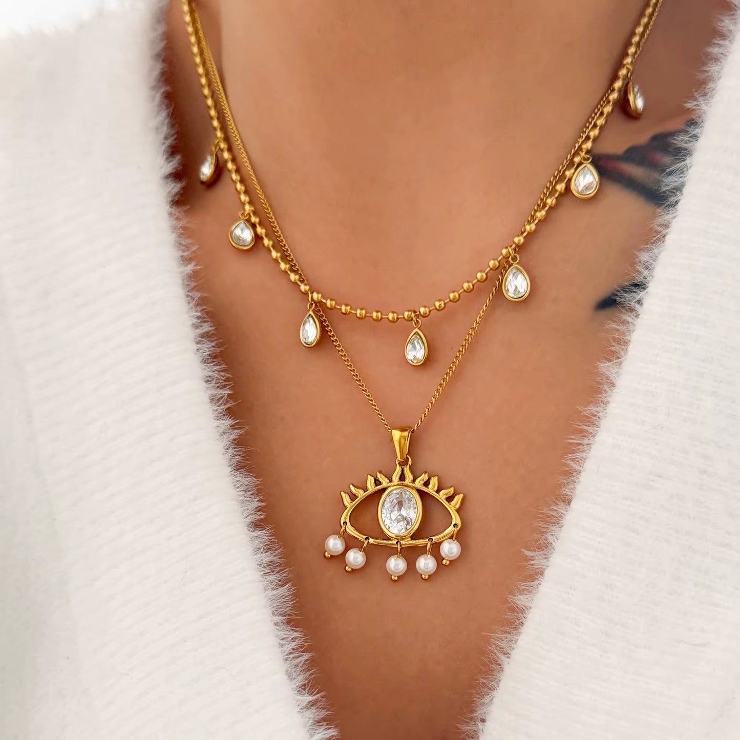 Evil Eye Pearl Charm Necklace