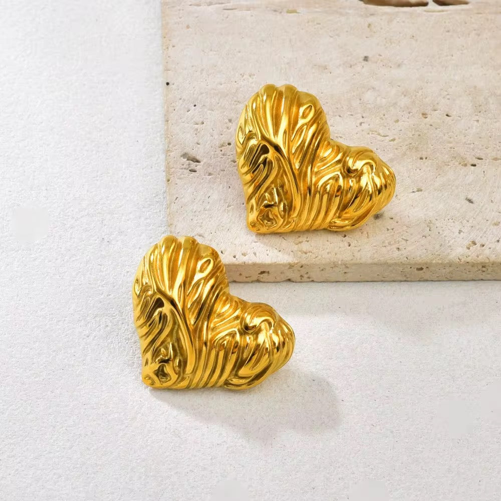 Gold Textured Heart Stud Earrings