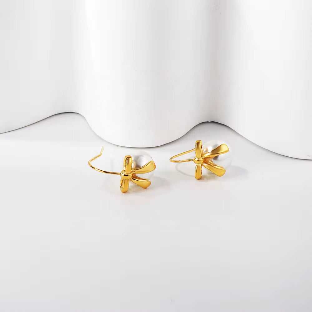 Golden Bow Pearl Drop Earrings