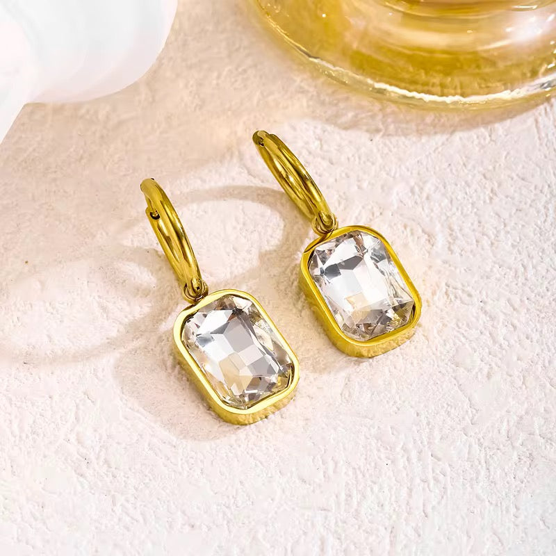 Emerald Cut Crystal Drop Hoops