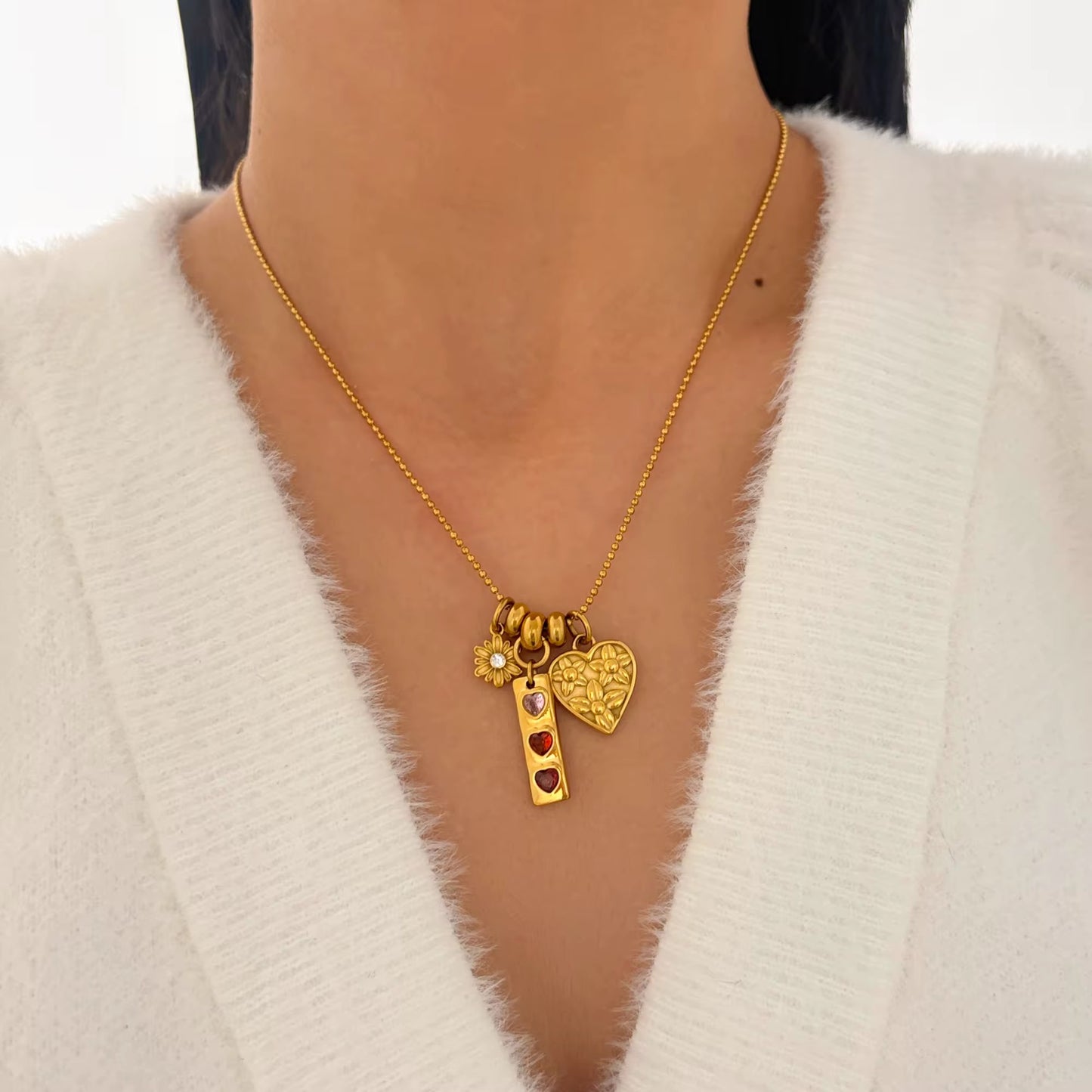 Floral Heart Multi-Charm Gold Necklace