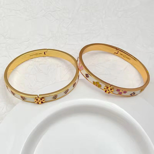 Floral Enamel Cross Motif Gold Bangle