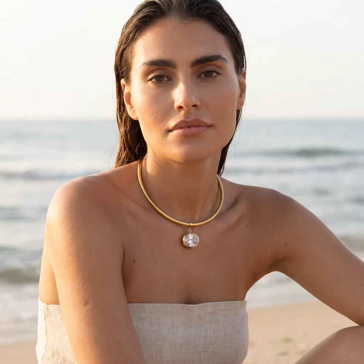 Gold Crystal Pendant Choker Necklace