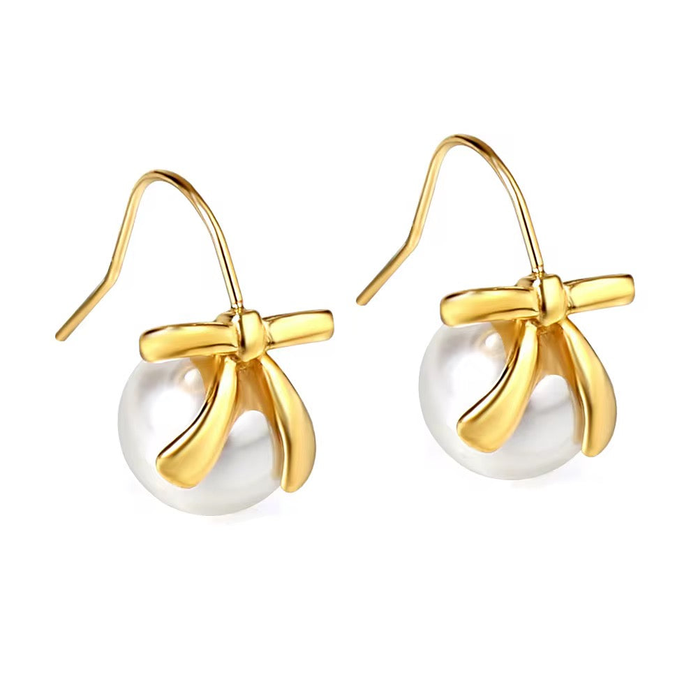 Golden Bow Pearl Drop Earrings