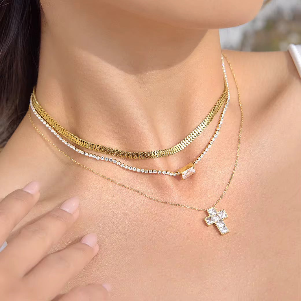 Crystal Cross Layered Necklace Set